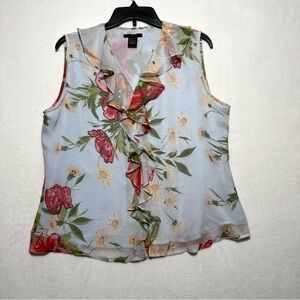 SilkLand 100% Silk Floral Ruffle Button Down Sleeveless Blouse - RedGreen size L